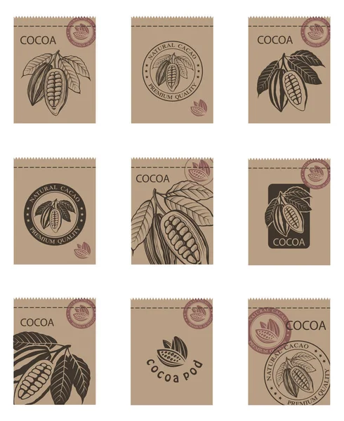 可可豆和叶子包的收集 — 图库矢量图片
