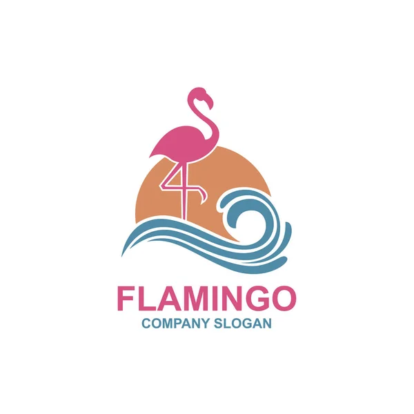 Rosa Flamingo Emblem Mit Sonne Und Wellen — Stockvektor