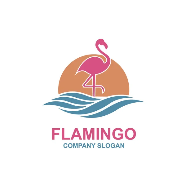 Rosa Flamingo Emblem Med Sol Och Vågor — Stock vektor
