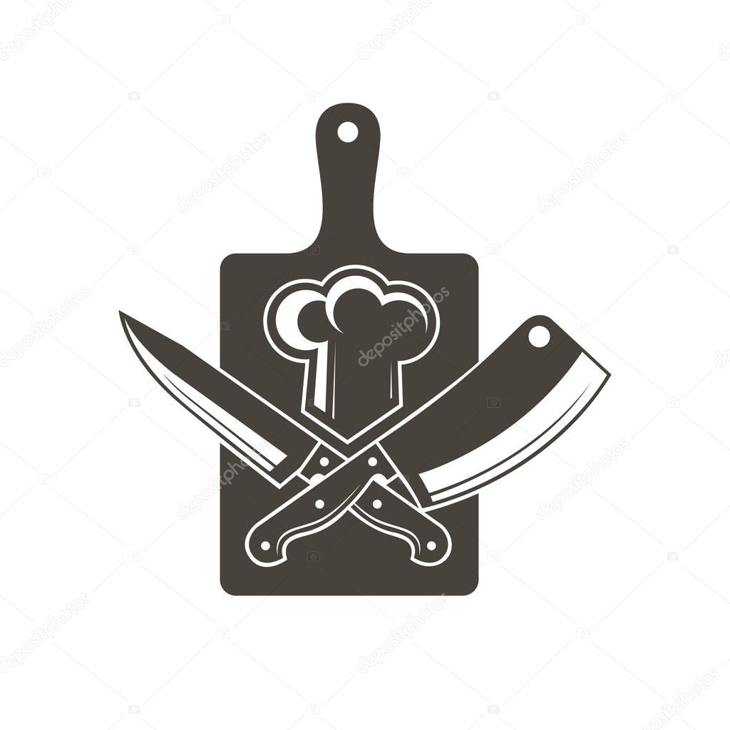 Monochrome emblem of kithen cutting board, crossed knives and chef hat