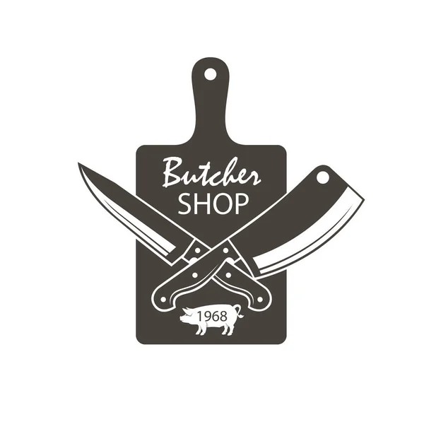 Monochromatyczne Butcher Shop Godło Kithen Deska Krojenia Noże Skrzyżowane Świnia — Wektor stockowy