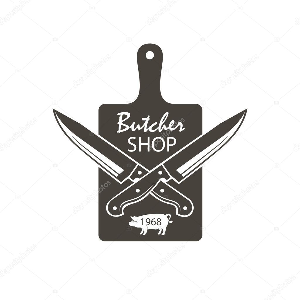 Monochrome butcher shop emblem of kithen cutting board, crossed knives and pig