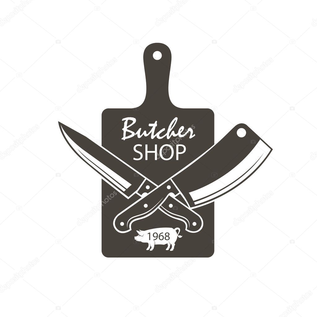 Monochrome butcher shop emblem of kithen cutting board, crossed knives and pig
