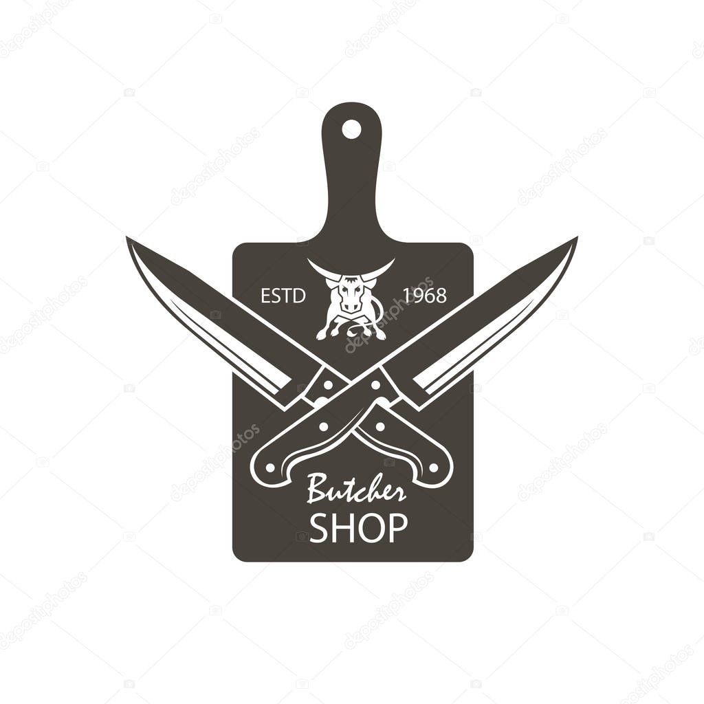 Monochrome butcher shop emblem of kithen cutting board, crossed knives and cow