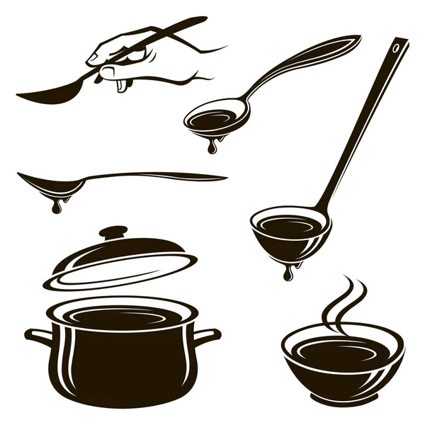 Monochrome Collection Plate Soup Spoon Ladle Pan — Stock Vector