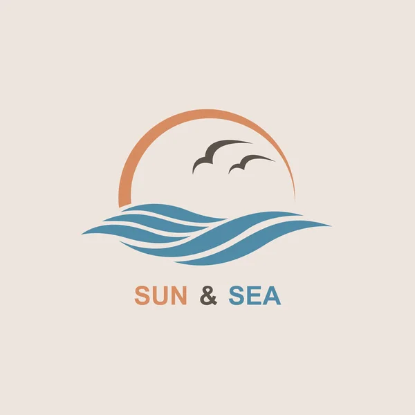 Güneş Dalgalar Martılar Ile Okyanus Logosunun Soyut Tasarım — Stok Vektör