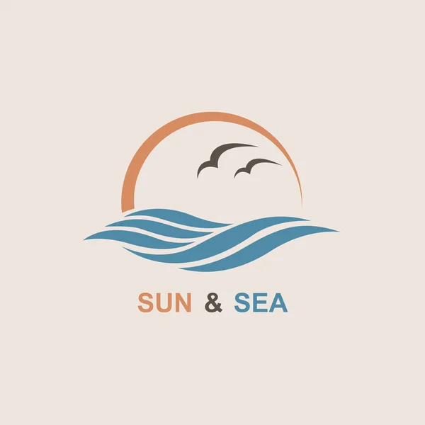 Abstract Ontwerp Van Oceaan Logo Met Zon Golven Meeuwen — Stockvector