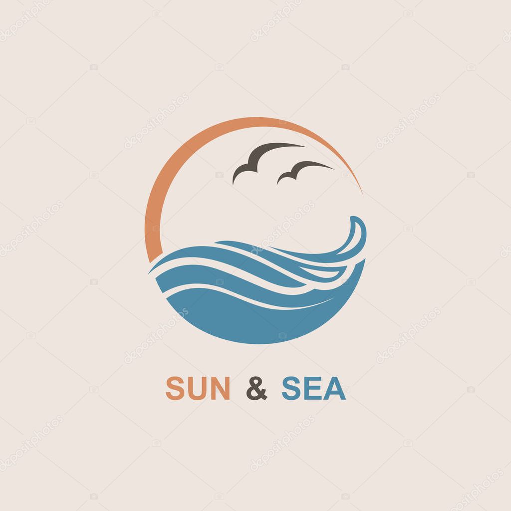 Abstract design of ocean logo with sun, waves and seagulls