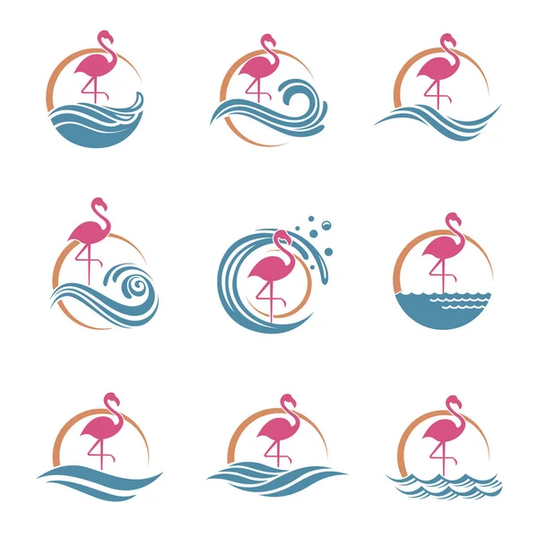 Colección Emblemas Flamenco Rosa Con Sol Olas — Vector de stock