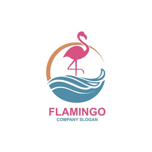 Emblema Flamingo Rosa Com Sol Ondas — Vetor de Stock