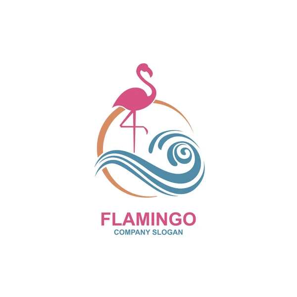 Emblema Flamingo Rosa Com Sol Ondas — Vetor de Stock