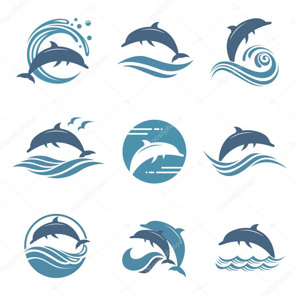 Collection with abstract emblem of dolphin and sea wave