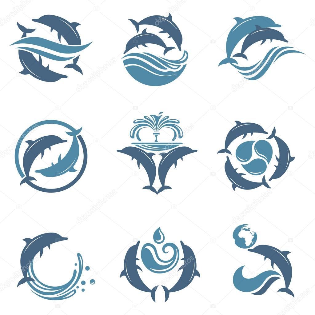 Collection with abstract emblem of dolphin and sea wave