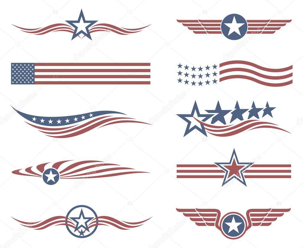 Collection of USA star flag labels on white background