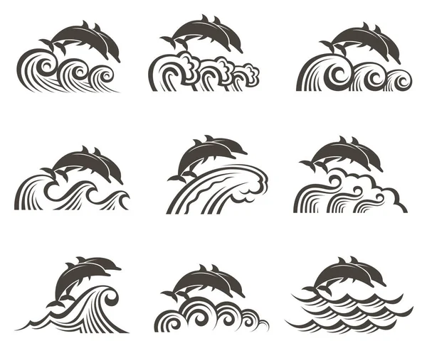 Samling Med Abstrakt Emblem Dolphin Och Sea Wave — Stock vektor