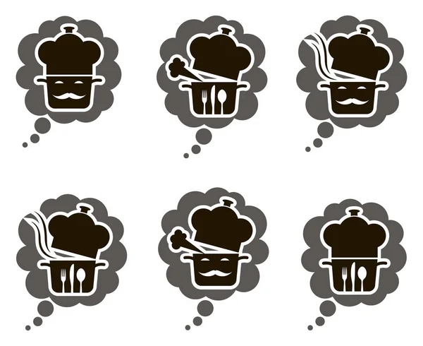 Colección Monocromática Ollas Con Vapor Sombreros Cocina — Vector de stock