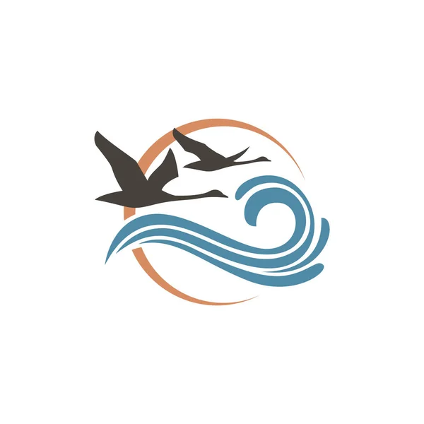 Icono Abstracto Con Cisnes Sol Olas — Vector de stock