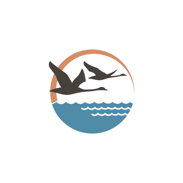 Icono Abstracto Con Cisnes Sol Olas — Vector de stock