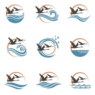 kuğular, güneş ve dalgalar ile soyut simgesi toplama