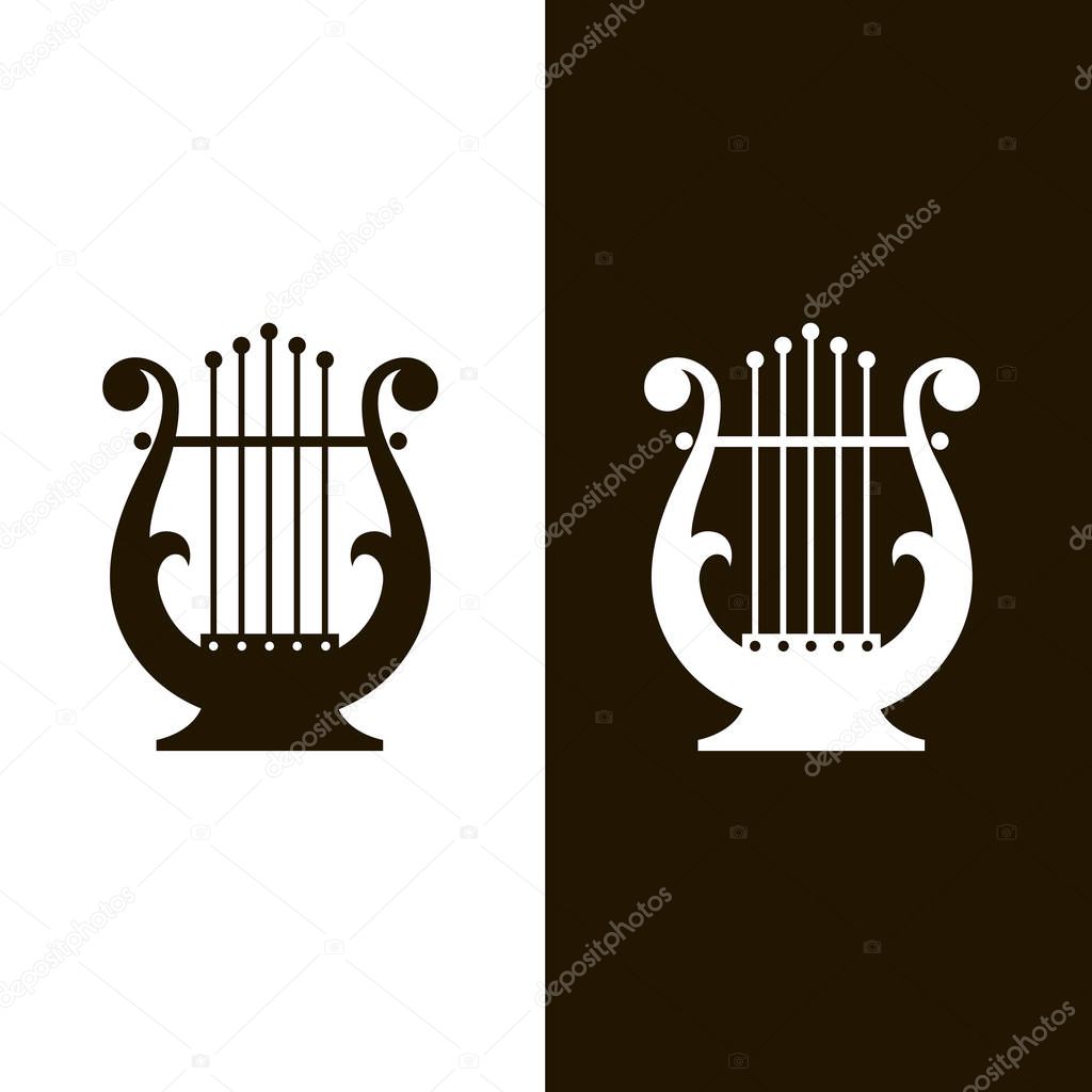 ancient lyre icons set isolated on white and black background