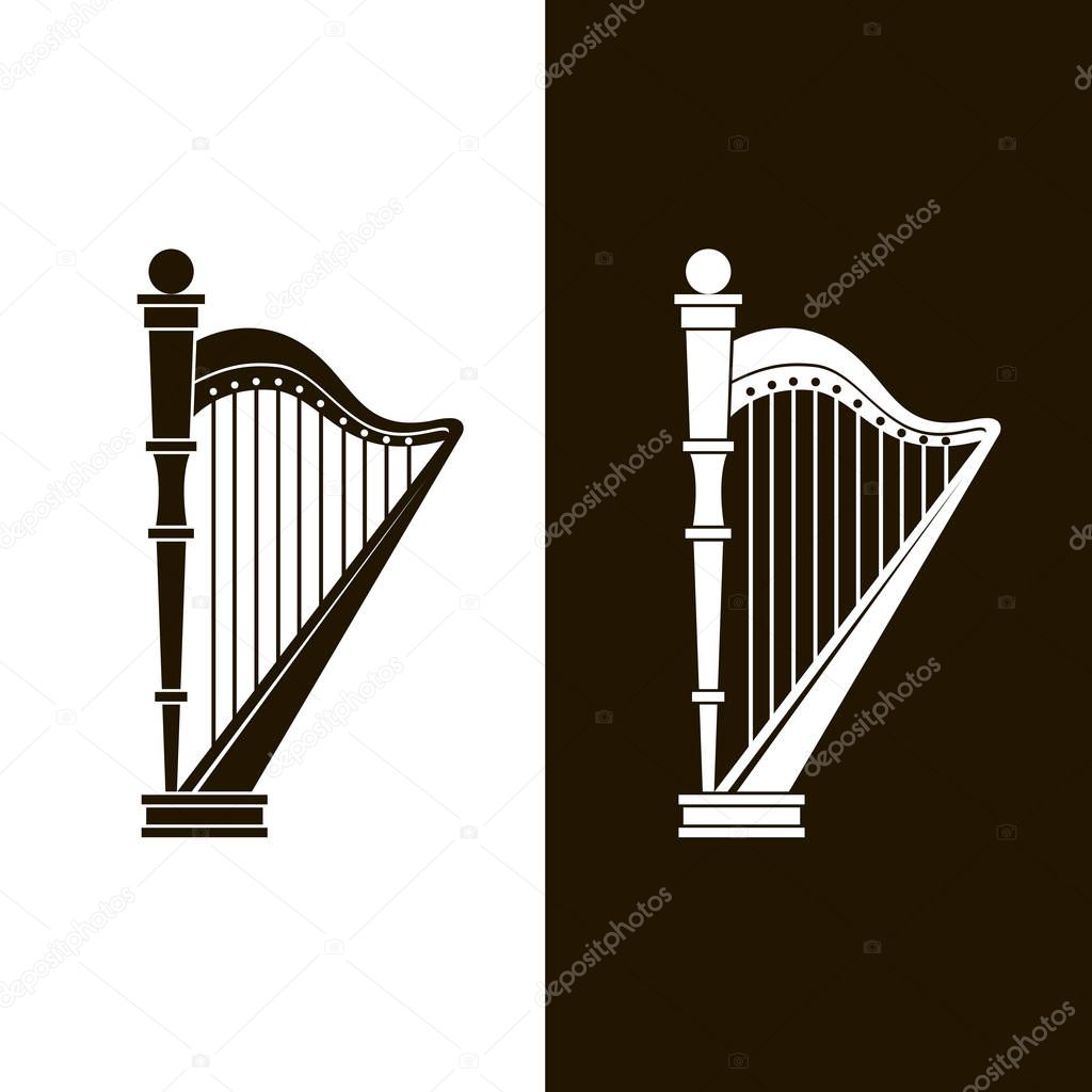 stringed harp icons set isolated on white and black background