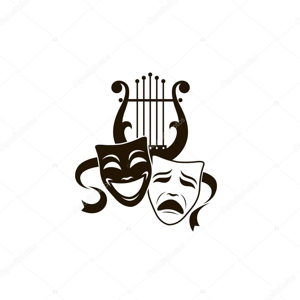 illustration of theatrical masks and lyre isolated on white background
