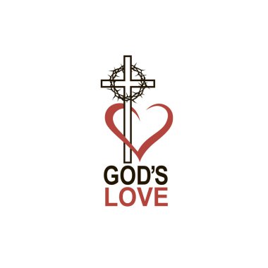 kalp, dikenli taç ve beyaz arkaplanda izole edilmiş haç simgesi 