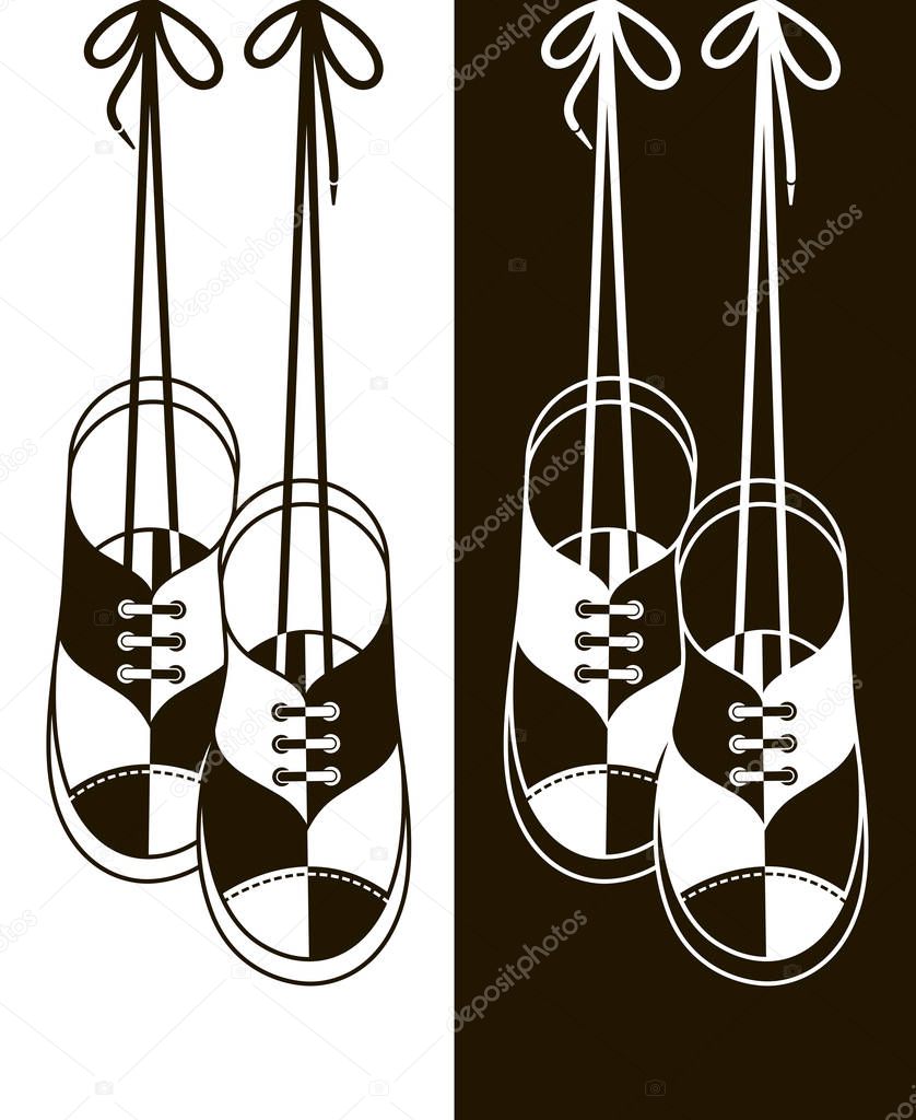 Illustration with sport shoes hanging on shoelaces isolated on black and white background
