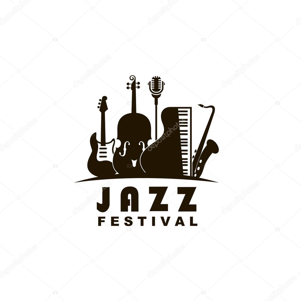 Black jazz festival emblem with music instruments