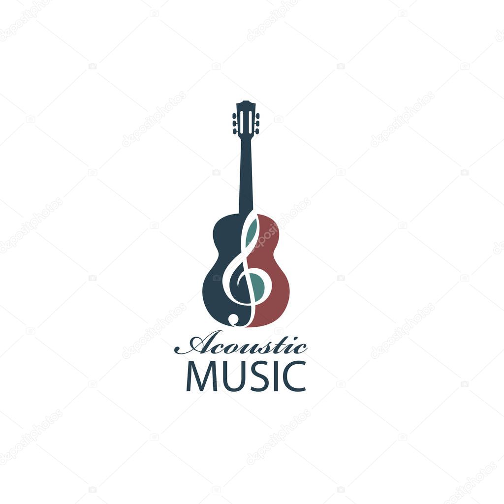 Emblem with guitar for acoustic music concert isolated on white background