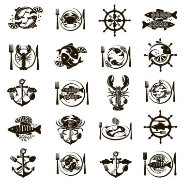 Balık, yengeç ve ıstakoz içeren deniz ürünleri koleksiyonu.