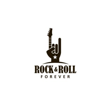 Beyaz arka planda izole edilmiş elektro gitarlı rock müziğin sembolü olarak el.