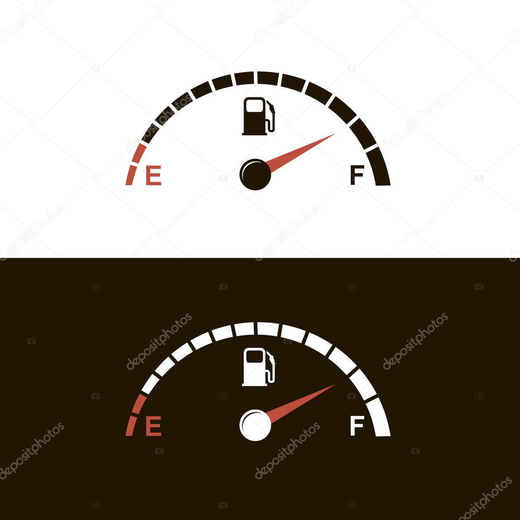gasoline fuel gauge and pump nozzle icon isolated on black and white background