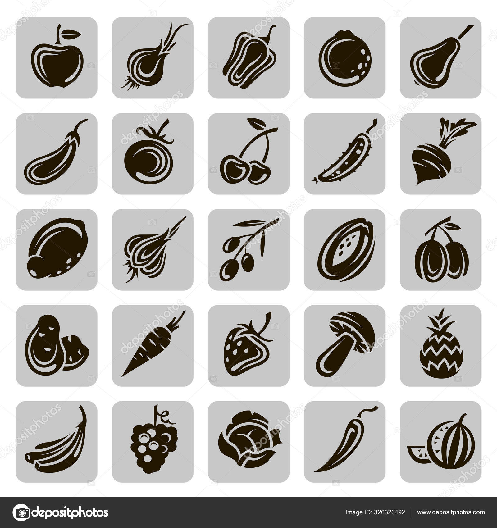 Collection Divers Fruits Légumes Noirs Icônes Isolés Sur Fond Gris