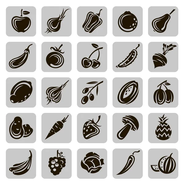 收集从灰色背景分离出来的各种黑色水果和蔬菜图标 — 图库矢量图片
