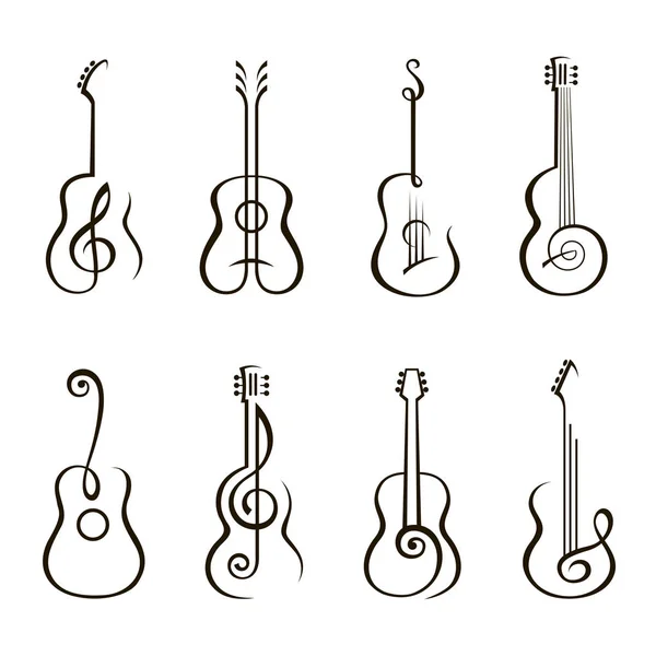 Colección Guitarra Acústica Clásica Aislada Sobre Fondo Blanco — Vector de stock