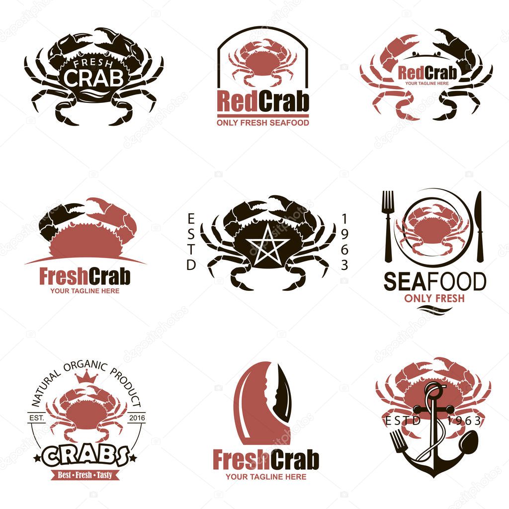 Collection of seafood emblem with crab isolated on white background