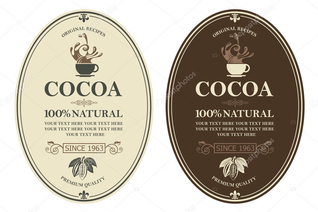 Collection of labels with cocoa beans, branch and leaves