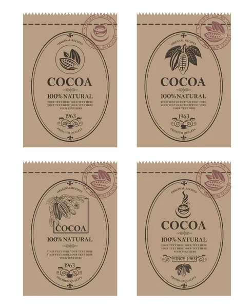 Колекція Упаковки Какао Бобами Гілкою Чашкою Листям — стоковий вектор