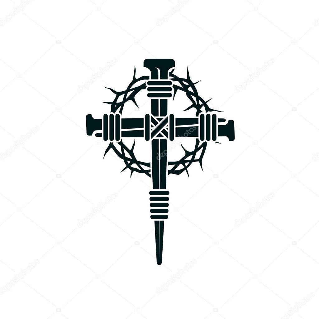 image of jesus nail cross with thorn crown isolated on white background