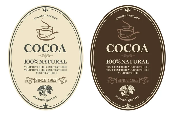 Collection Étiquettes Avec Fèves Branches Feuilles Cacao — Image vectorielle