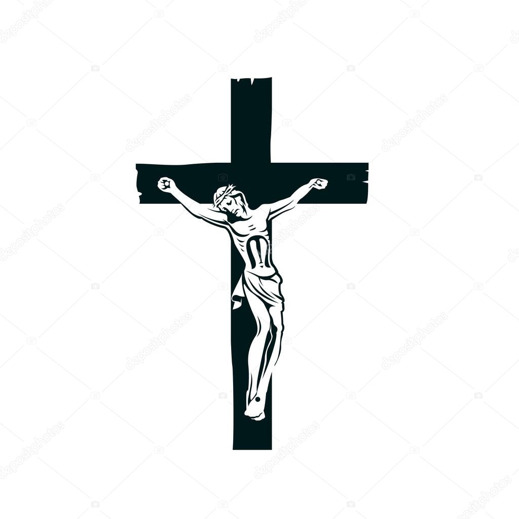 illustration with crucifixion of jesus on cross isolated on white background