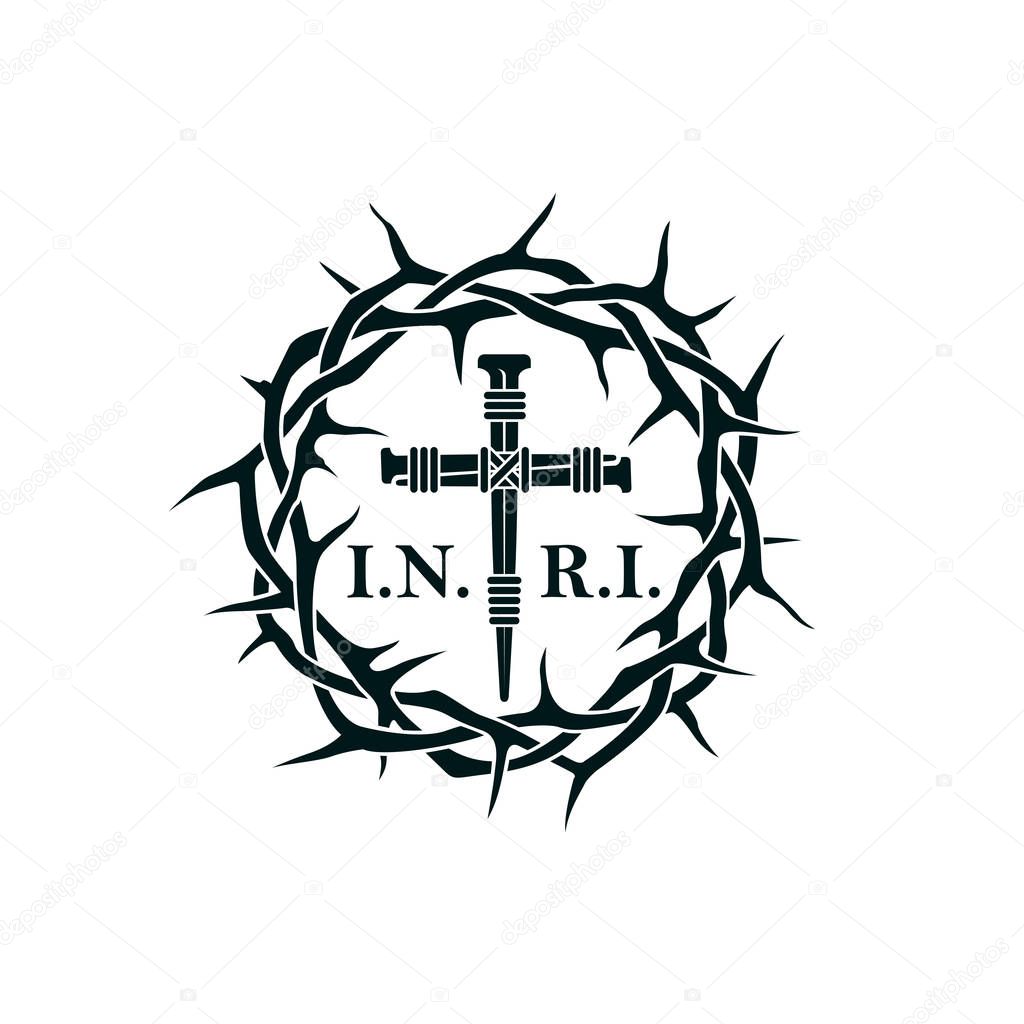 illustration with thorn crown and crucifixion of jesus on cross isolated on white background