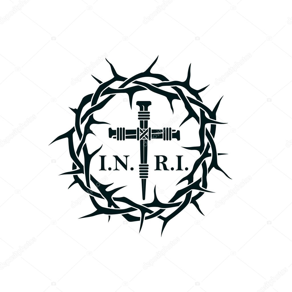 Illustration with thorn crown and crucifixion of jesus on cross isolated on white background