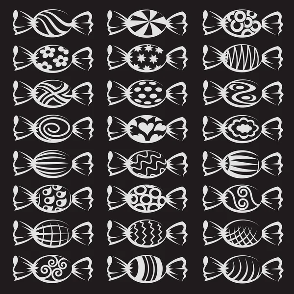 Collection Différents Bonbons Isolés Sur Fond Noir — Image vectorielle