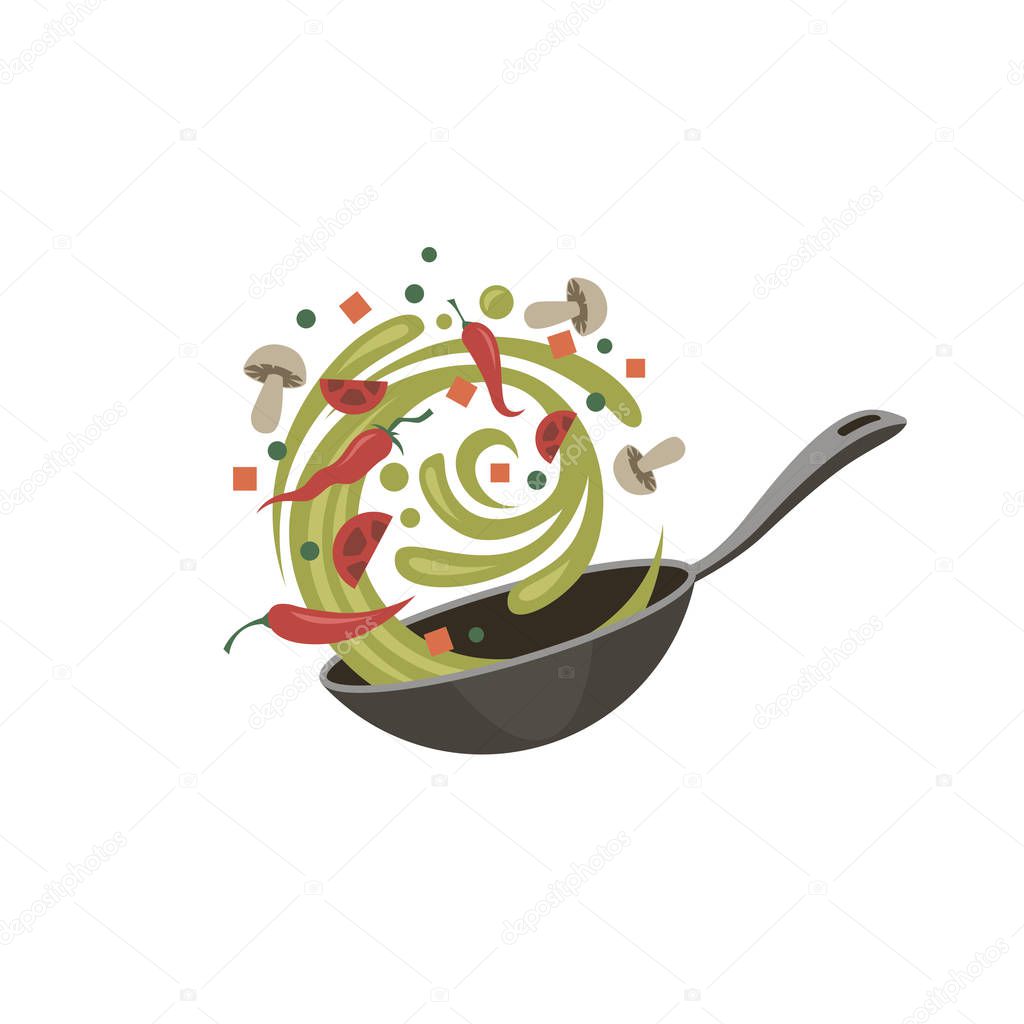 Cooking process on pan in olive oil isolated on white background