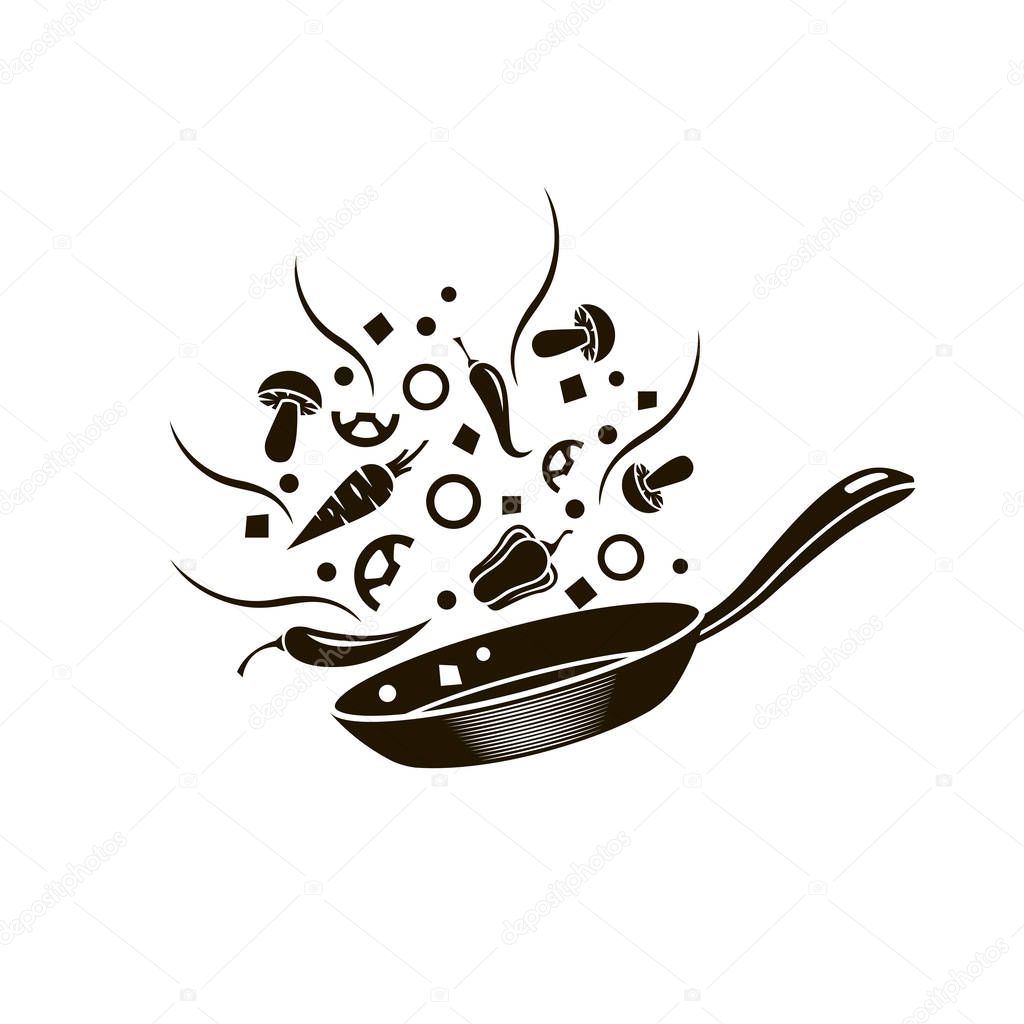 Cooking process of vegetables on pan isolated on white background