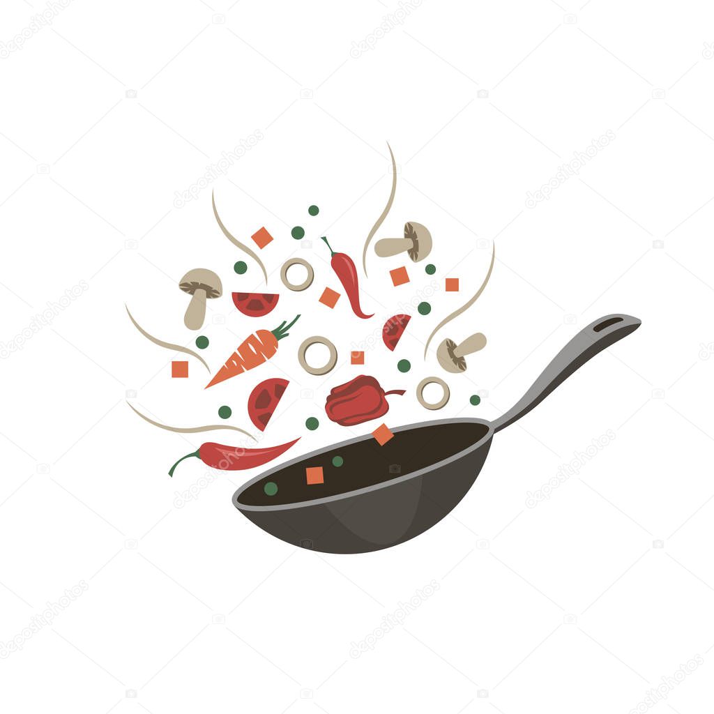 Cooking process of vegetables on pan isolated on white background