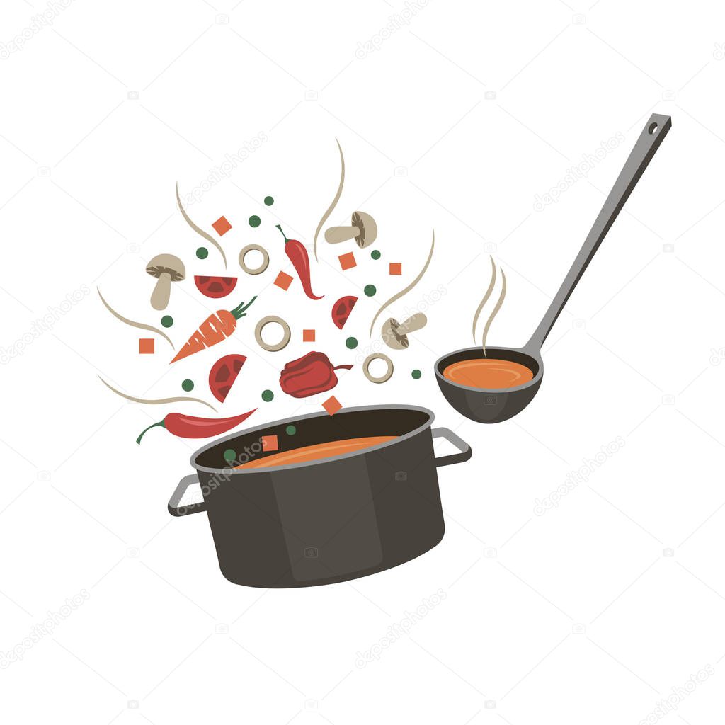 Cooking process of soup on saucepan isolated on white background
