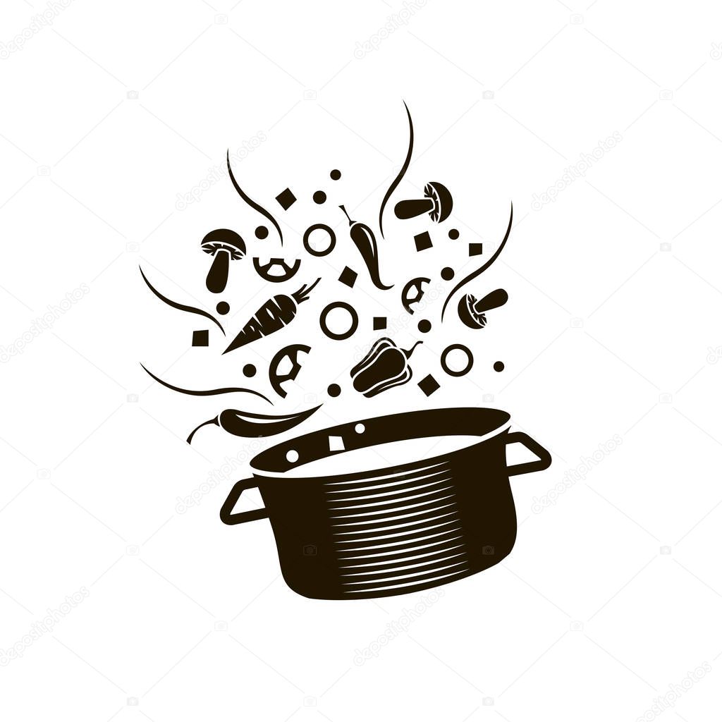 Cooking process of soup on saucepan isolated on white background